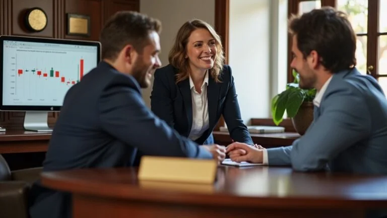 A professional insurance agent reviewing a policy with a customer in a modern office